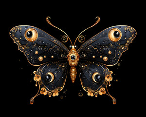 Intricate butterfly design glitters with gold accents against stark black background
