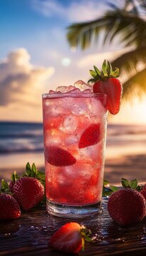 strawberry artisan cocktail in a glass on the beach