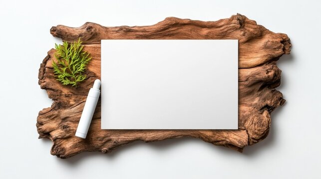 A Clean Whiteboard Marker with a Blank Sheet of Paper and Greenery on Wooden Base. Generative AI