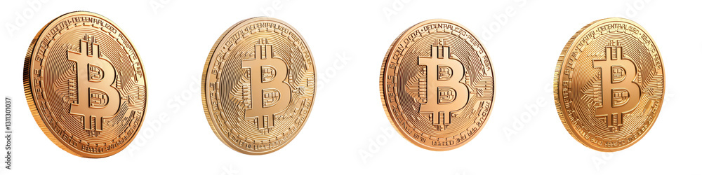 Aufkleber closeup view of shiny gold bitcoins on a plain white background concept of cryptocurrency blockchain
