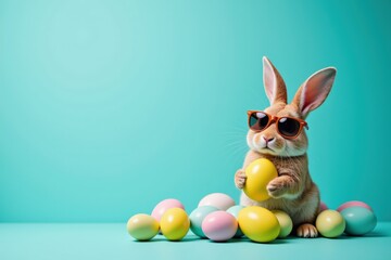 A Cool Bunny Wearing Sunglasses Counting Colorful Easter Eggs in a Vibrant Teal Setting&mdash;An Adorable Scene Perfect for Spring Celebrations