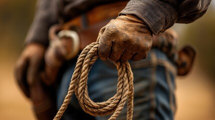 Cowboy holding rope in rustic outdoor setting.