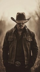 Cowboy portrait in vintage style, moody atmosphere.