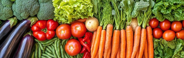 Fresh assorted vegetables broccoli, lettuce, spinach, carrots, tomatoes, eggplant, green beans, peppers.