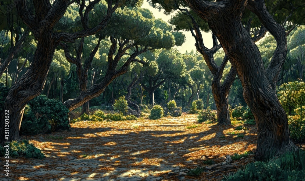 Poster sunlit forest path with curved trees and dappled light