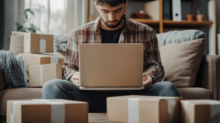 A young entrepreneur running an e-commerce business from a minimalist home office, embracing online success.