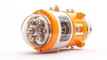 Futuristic robot with orange and silver details isolated on a white background. Generative AI