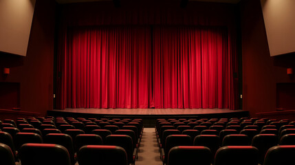 Empty Theater Seats Facing Red Stage Curtains - Photo
