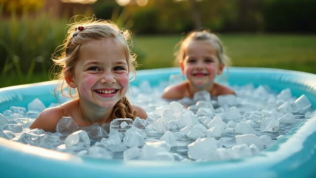 Video of two happy children in an inflatable pool filled with ice cubes, enjoying a refreshing moment outdoors in soft sunlight. Inflatable Ice Bath Concept For Home