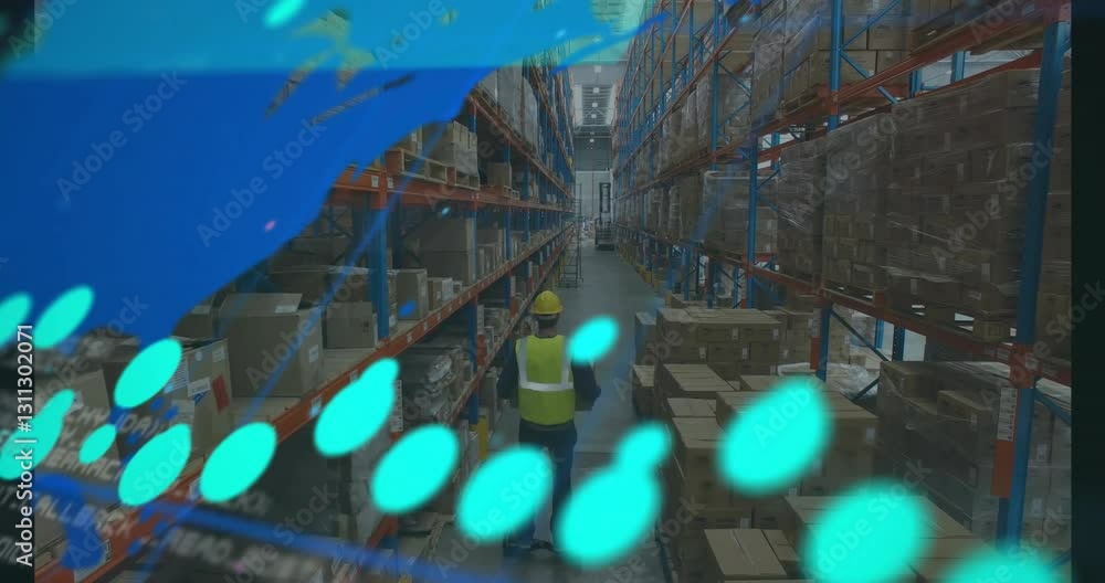 Poster warehouse worker using hoverboard with digital data animation in background