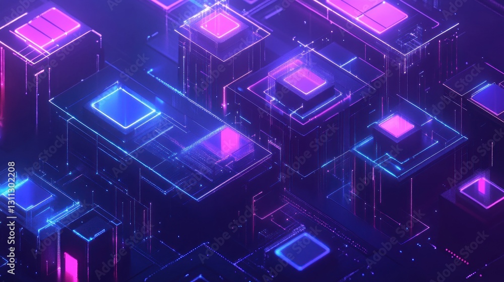 Poster abstract isometric neon cityscape with glowing lines and digital structures.