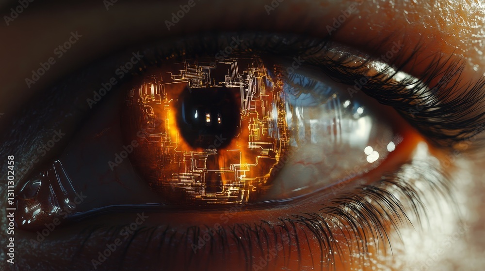 Poster futuristic eye reflection with high-tech circuit patterns inside