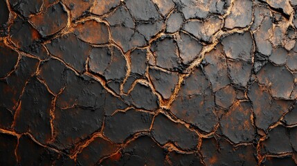 A black and orange cracked surface provides abstract textured detail
