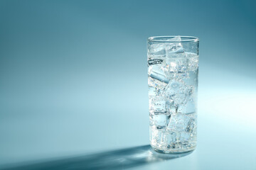 Soda water with ice cubes in glass on light blue background, space for text