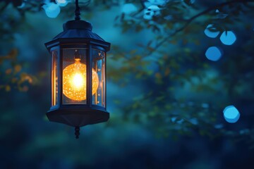 Illuminated Lantern Hanging in a Tranquil Forest During Twilight, Casting Warm Light Among Silhouetted Green Leaves and Soft Blue Background