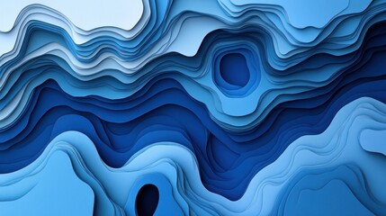 Abstract blue layered paper cut design, wavy topographic map-like texture.