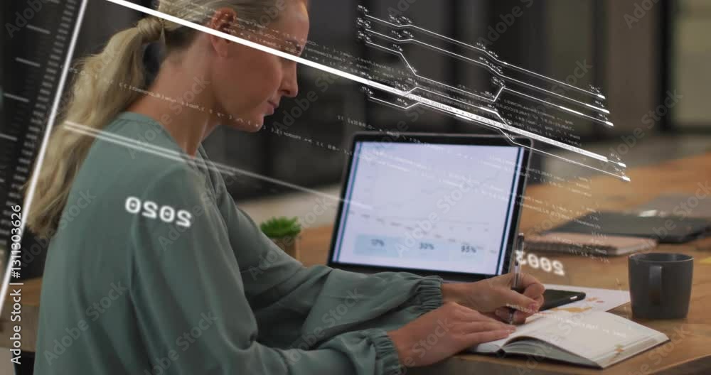 Poster woman writing in notebook with digital data processing animation over tablet screen