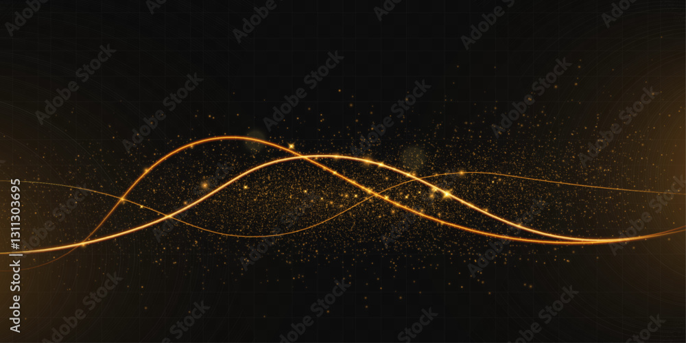Poster light sparkle glitter shine glow with golden wavy light trails, glowing particles, and sparkling eff
