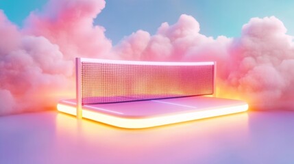 Futuristic Neon Tennis Court with Digital Net and Colorful Lighting. Generative AI