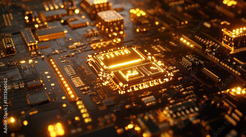Poster close-up of illuminated golden cpu on circuit board.