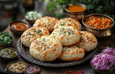 Freshly Baked Golden Brown Bread with Herbs on a Platter with Chutneys