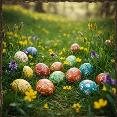Vibrant Easter Egg Hunt: Colorful Hand-Painted Eggs in a Lush Spring Meadow with Wildflowers and Rustic Wooden Frame – Perfect for Holiday Decor and Festive Celebrations