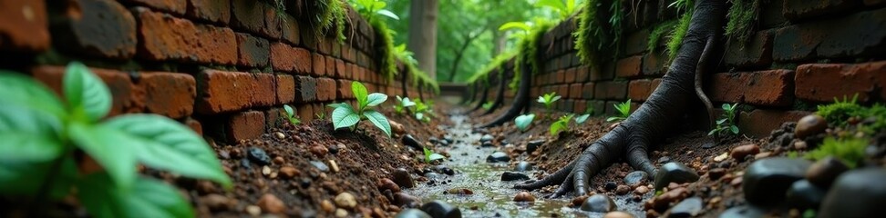 Deep crevices, roots embedded; leafy tendrils, earthy tones, aged brick, earthy, grey