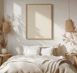 Empty frame on bedroom wall with beige bedding
