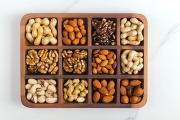 Creative flat lay showcasing a variety of nuts in wooden bowls on a white marble background for a rustic culinary display. Generative AI