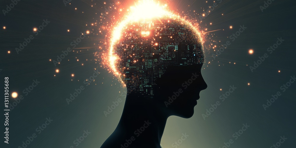 Poster abstract silhouette with glowing brain and digital circuit elements