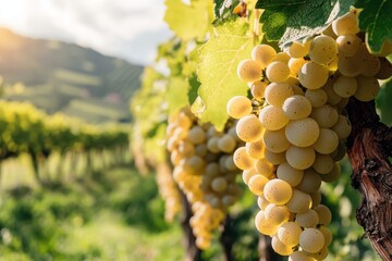 Ripe white grapes hanging in vineyard at sunset, ready for harvest