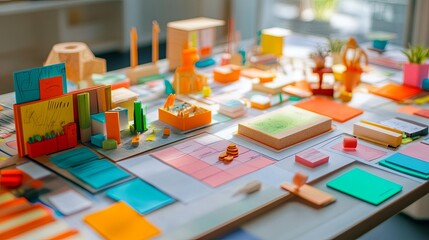 Creative workspace filled with vibrant sticky notes, sketches, and models digital