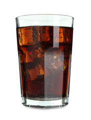 Glass of refreshing sweet soda water with ice cubes isolated on white