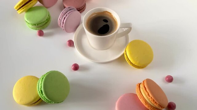 top view of multicolored macaroons with an espresso cup on a white background