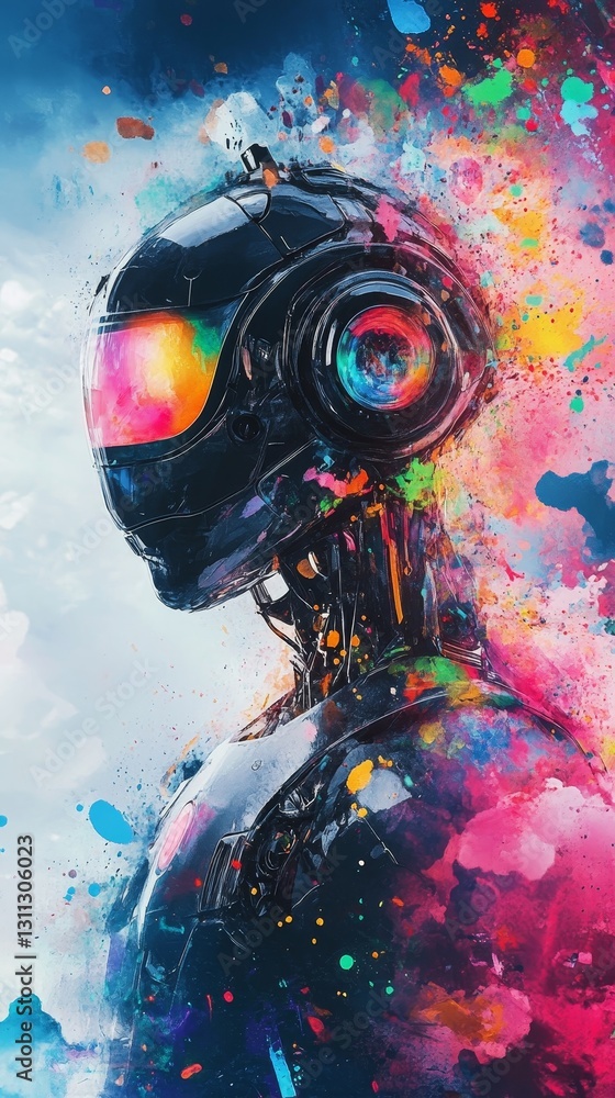 Poster futuristic robot with colorful abstract background and vivid details