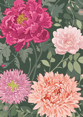 Beautiful floral background with hand drawn peony, chrysanthemum and rose. Realistic retro backdrop with flowers for poster, banner, cover, invitation, greeting card design. Vector illustration