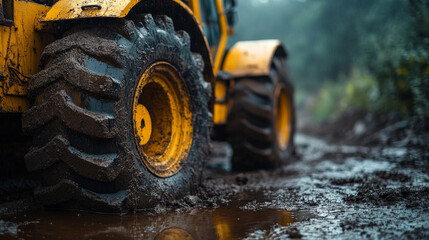 Tractor Navigating Muddy Terrain During Overcast Weather