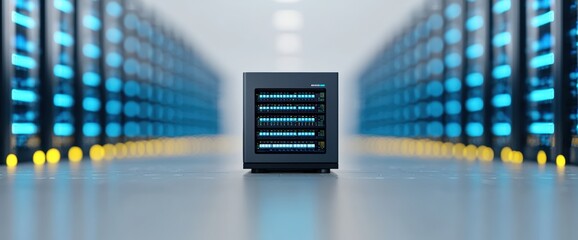 A server operating within a high-tech server room focused on carbon-neutral data centers for sustainable technology