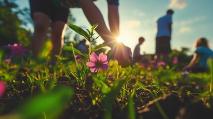 Teachers and students planting flowers in a school garden for World Environment Day, bright greenery and cheerful collaboration