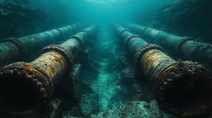 Rusty and Damaged Industrial Pipes Lying Beneath the Ocean Surface. Generative AI