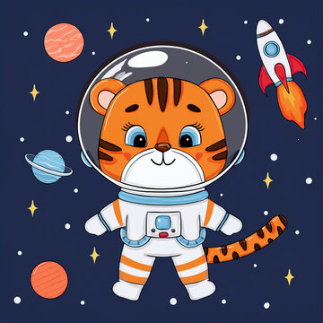 Cartoon illustration of tiger astronaut in space