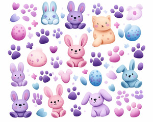 Obraz premium Pastel Bunnies, Kittens, Paws, Eggs on White