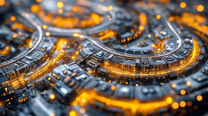 Circuit board glows with gold lights in abstract city backdrop