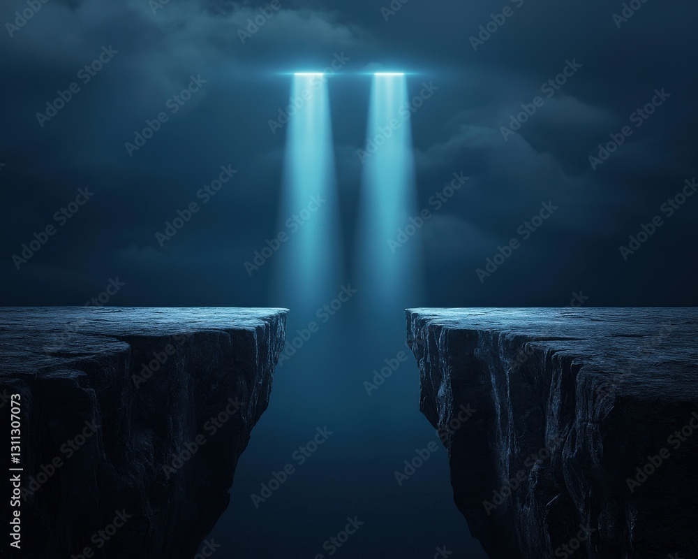 Poster a floating bridge made of light beams connecting two distant cliffs.