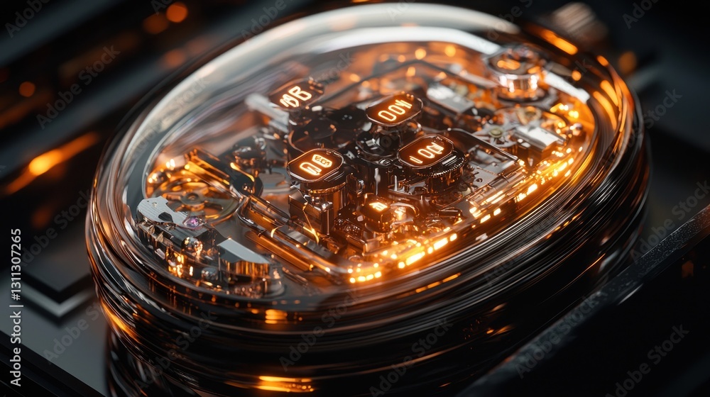Poster futuristic transparent clock mechanism with glowing orange internal components.