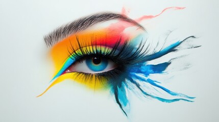 Fototapeta premium Bright female eye makeup with colorful shadows and trendy false eyelashes on a clean background
