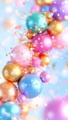 Pastel spheres, confetti swirl, light blue background