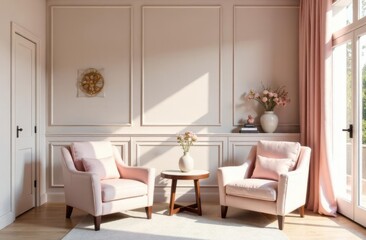 Cozy office space featuring pink armchairs and soft natural light