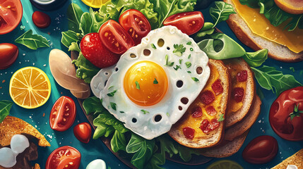 sunny side up egg breakfast toast with tomatoes and salad eat food meal dish menu diet