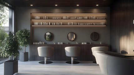 Modern salon interior featuring stylish seating and minimalist decor, with plants and lighting accents